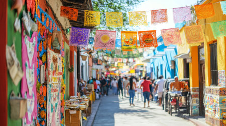 Colorful national hispanic heritage month market street with traditional decorations and people, background, AI Generatedの素材