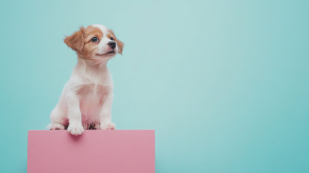 Cute puppy on color minimalist background with copy space, AI Generatedの素材
