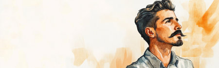 Portrait of a young man with mustache on watercolor background, copy space, AI Generatedの素材