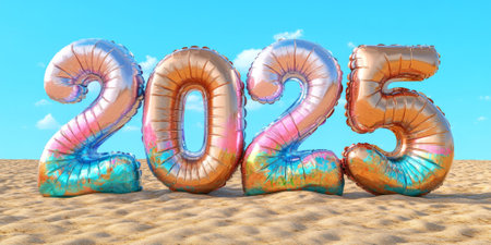 Balloons forming numbers 2025 on a sunny beach, New Year holiday concept, AI Generatedの素材