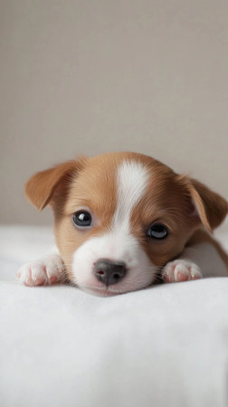 Cute puppy on color minimalist background with copy space, AI Generatedの素材