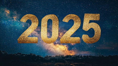 Golden New Year 2025 in space with dark galaxy background, AI Generatedの素材