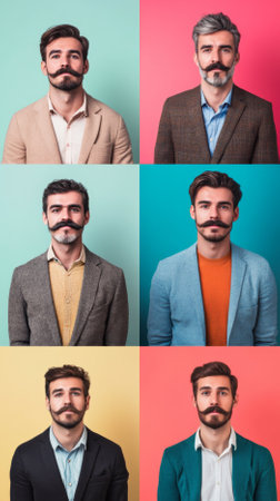 Collage of men with different mustaches posing against color backgrounds, AI Generatedの素材