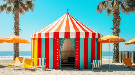 Striped beach tent and chairs under palm trees by the ocean, summer vacation concept, AI Generatedの素材