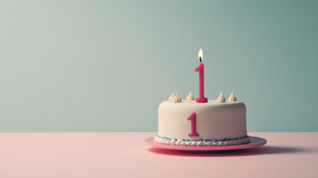 Birthday cake with one candle on color background, AI Generatedの素材