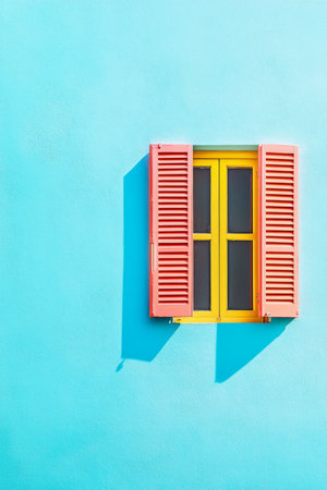 Window with open shutters on bright blue wall background, AI generatedの素材