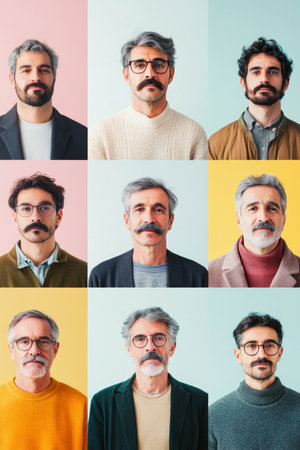 Collage of men with different mustaches posing against color backgrounds, AI Generatedの素材