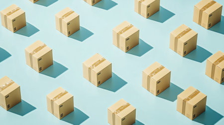 Cardboard boxes arranged in a pattern on light blue background, concept of shipping, AI Generatedの素材