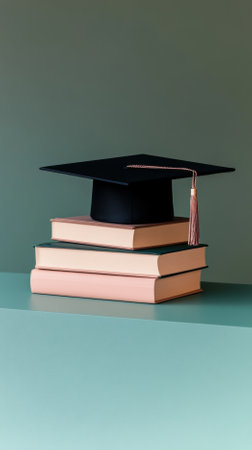 Graduation cap on stack of books on color background, AI Generatedの素材
