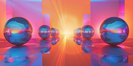 Mirror disco balls reflecting on retro colors background, AI Generatedの素材
