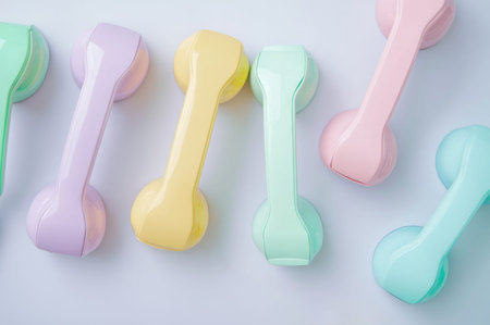 Vintage pastel telephone handsets on blue background, concept of communication, AI Generatedの素材