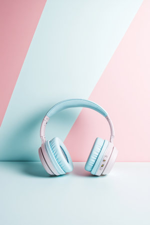Large over-ear wireless headphones on pastel color gradient background, AI Generatedの素材