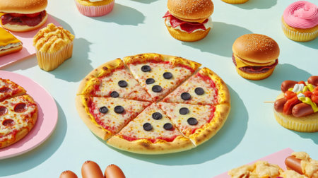Variety of fast food items including pizza, burgers, and hotdogs on pink background, AI Generatedの素材