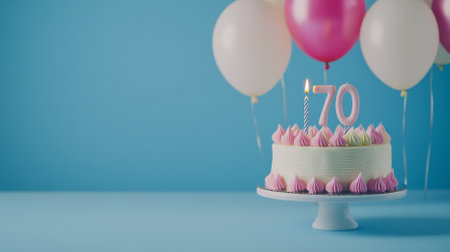 Birthday cake with candles for 70 years, balloons in pastel background, AI Generatedの素材