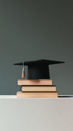 Graduation cap on stack of books on color background, AI Generatedの素材