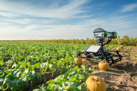 Robot harvesting pumpkins in sunny pumpkin field background, AI Generatedの素材
