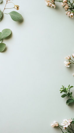 Green botanical floral branches on light pastel background, minimalistic nature concept, copy space, invitation mockup, AI Generatedの素材