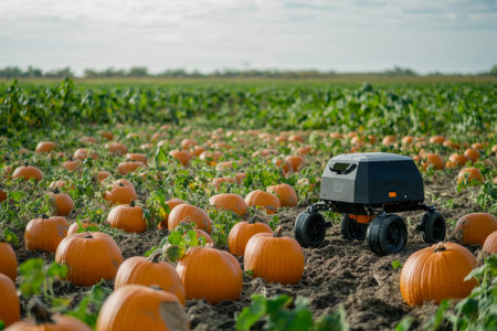 Robot harvesting pumpkins in sunny pumpkin field background, AI Generatedの素材