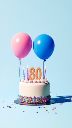 Birthday cake with candles for 80 years, balloons in background, AI Generatedの素材