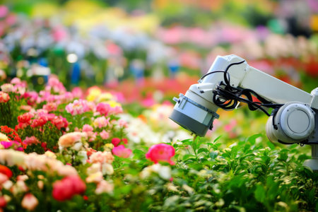 Robot picking flowers in greenhouse, technology in floriculture, AI Generatedの素材