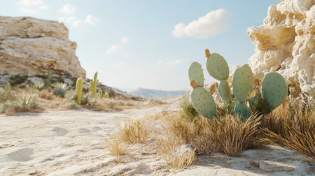 Cactus in desert landscape with rocky formations in sunny weather, background, AI Generatedの素材