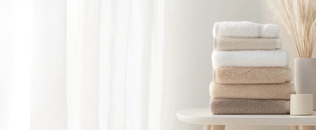 Neutral colors stacked towels by window on minimalistic background, copy space, AI generatedの素材