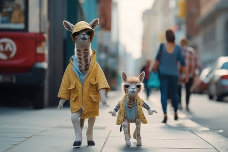 Giraffes in yellow jackets walking on city street, urban wildlife concept, AI Generatedの素材