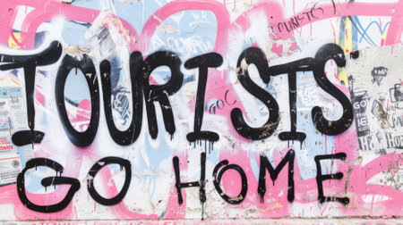 Graffiti message Tourists Go Home on urban wall with vibrant colors, overtourism protest concept background, AI generatedの素材
