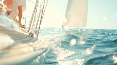 Sailboat gliding through calm blue sea on sunny day with distant horizon, background, AI Generatedの素材