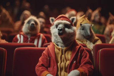 Animals in costumes sit in a theater audience creating a whimsical scene, AI generatedの素材