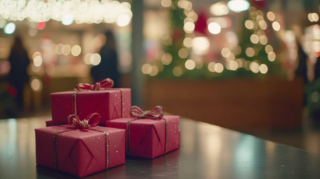 Christmas gift boxes in seasonal decorated store background, holiday shopping, sale concept, AI Generatedの素材
