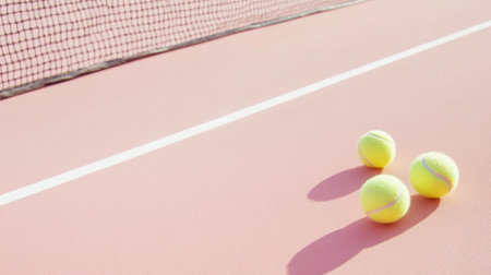 Tennis balls on outdoor pink court with tennis net in background, sport creative concept, AI Generatedの素材