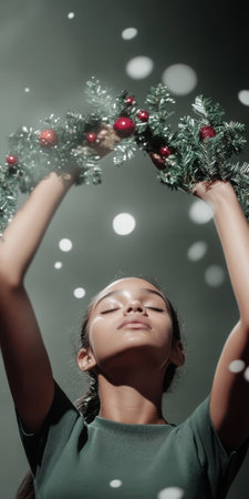 Young black woman holding festive wreath with closed eyes, capturing Christmas spirit, AI generatedの素材