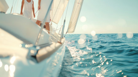 Sailboat gliding through calm blue sea on sunny day with distant horizon, background, AI Generatedの素材