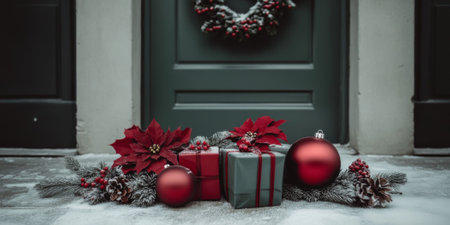 Festive Christmas holiday evergreen branches with red decorations and ornaments on green background, AI generatedの素材