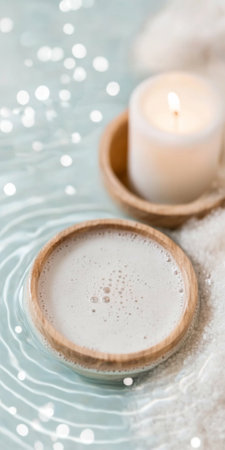 Floating candles in tranquil water showing SPA serenity concept background with copy space, AI generatedの素材