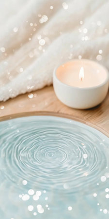 Floating candles in tranquil water showing SPA serenity concept background with copy space, AI generatedの素材