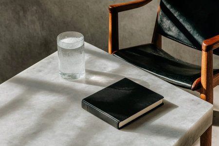 Journal on marble table with glass of water casting shadows, modern minimalism, AI generatedの素材