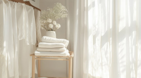 Cozy sunlight in minimalist bedroom with towels and robe on rack, background, AI generatedの素材