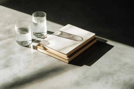 Journal on marble table with glass of water casting shadows, modern minimalism, AI generatedの素材