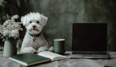 Cute white dog sitting at a table with laptop and notebook, background, AI Generatedの素材