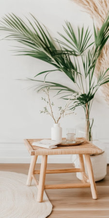 Green potted plants in white airy Japandi style interior with copy space background, AI generatedの素材