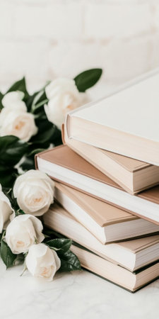 Stack of books with white flowers, lifestyle aesthetic background, AI generatedの素材
