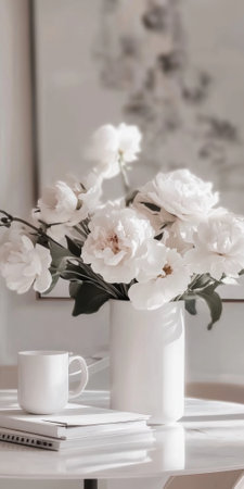 White peonies in vase and cup of coffee on notebook, cozy setting, AI generatedの素材
