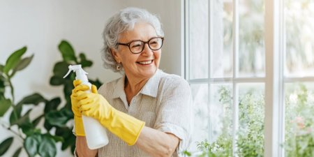 Elderly silver haired woman cleaning window with cloth in bright sunny room, spring cleaning concept, AI Generatedの素材