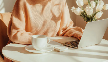 Woman freelance working on laptop with coffee and tulips, minimalist style, warm tones, AI generatedの素材