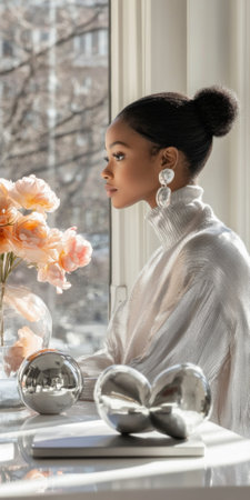 Young black woman in elegant chrome color dress near window with flowers, AI generatedの素材