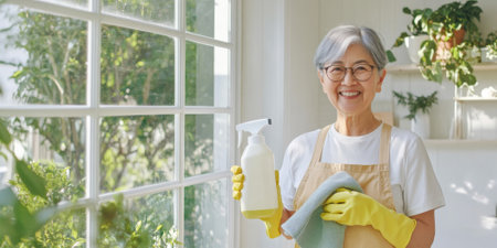 Elderly Asian woman holding cleaning supplies with cheerful expression, spring cleaning concept background, AI generatedの素材