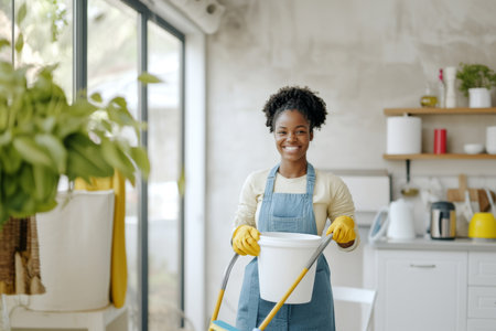 African american young woman cleaning in kitchen with mop and gloves, concept of cleaning service, housework and hygiene, AI generatedの素材