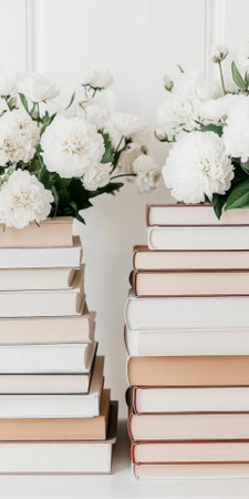 Stack of books with white flowers, lifestyle aesthetic background, AI generatedの素材